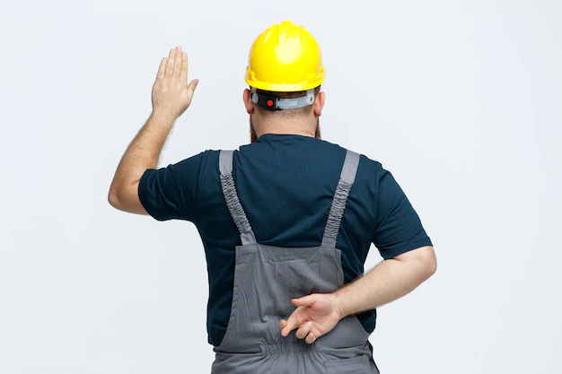 young male construction worker wearing safety helmet uniform standing view showing stop gesture while crossing fingers his back isolated white background 141793 132530